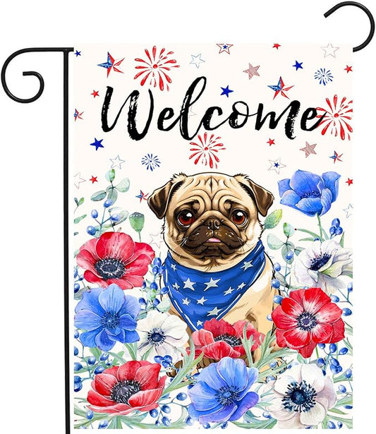 4th of July Pug Garden Flag Red White Blue Floral Dog Yard Flags Small Memorial Independence Day Banner 12x18 Double Sided for Outside Outdoor Patriotic Decor