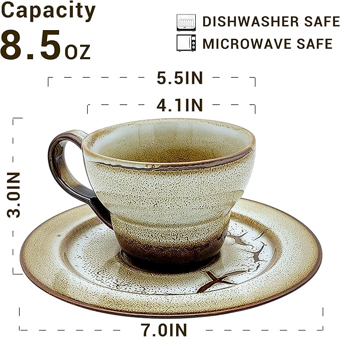 Latte Art Coffee Cup Set of 2 with Saucers - 8.5oz Ceramic Mugs for Cappuccino, Espresso & Tea - Microwave & Dishwasher Safe - Perfect Holiday Gift for Father's Day, Birthday, Housewarming