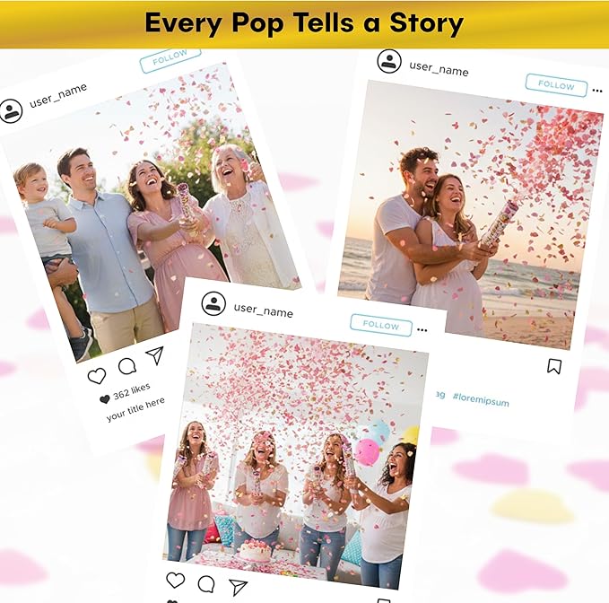 2 Pack Pink Heart-Shaped Confetti Poppers for Baby Gender Reveal | Pink Paper and gold mylar Baby Girl Party Supplies