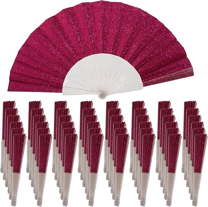 48 Pack Handheld Fan,Folding Hand Glitter fan with Shining Transparent Fan Rib – Ideal for Wedding, Church, Festival, Dance, Tea Party, Club, and EDM Accessories, Deep pink