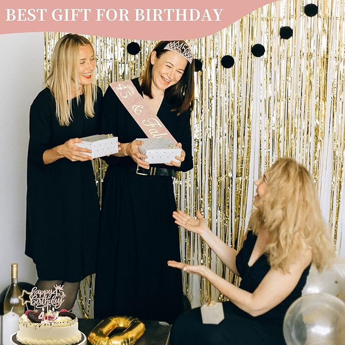 45 Birthday Decorations for Women Including Birthday Sash and Tiara, Cake Topper and Candles, 45 Year Old Gifts for Women, Rose Gold Party Decor Supplies