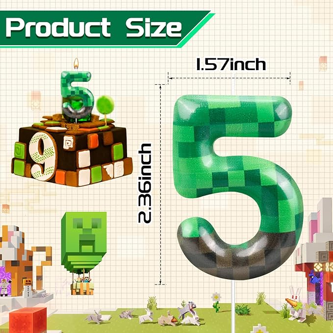 TNT Themed Birthday Cake Candle Number 5 Dynamite Themed Green Candle Cake Topper for Pixel Theme Birthday Party Decoration