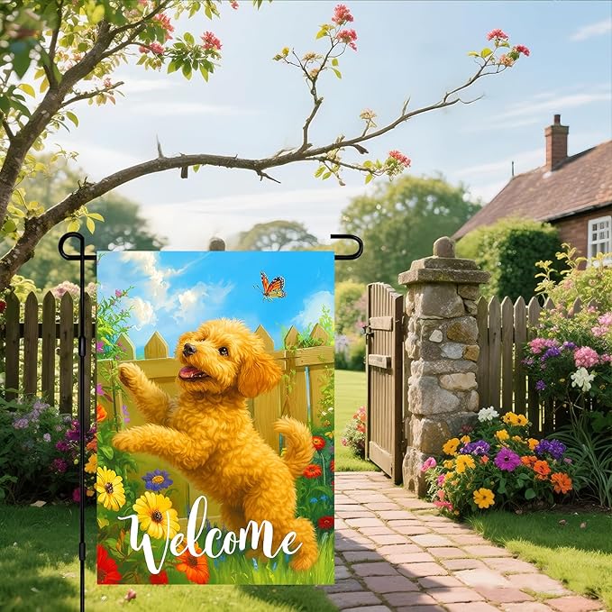 IVN Spring Summer Welcome Garden Flag 12x18 Inch Double Sided Puppy with Butterfly and Flowers Outdoor Yard Flag for Outside Home Front Door Lawn Porch Patio Welcome Decor