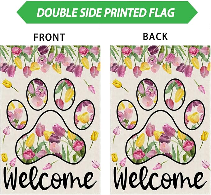 ZAEW Welcome Dog Paw Tulips Spring Large House Flag Burlap 28X40 Inch Vertical Double Sided Outside Yard Holiday Outdoor Farmhouse Decoration