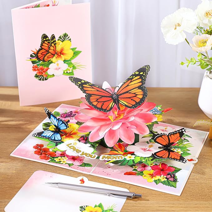 Pop Up Birthday Cards For Mom, Butterflies Love You Mom, 3D Monarch Butterfly, Beautiful Flowers, Birthday Cards, Ideal Gift For Mum, Wife, Godmother, Stepmom, Sister, Grandma, Mother in law, Wife