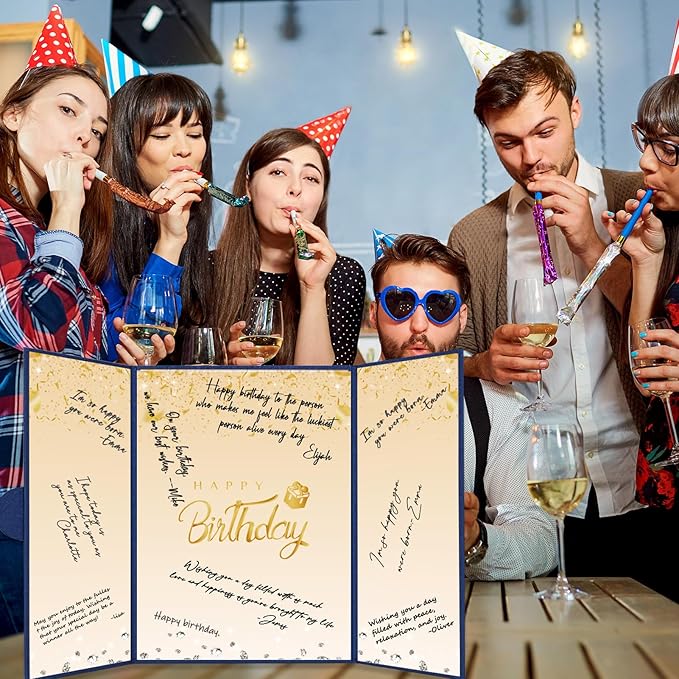 Crenics Blue and Gold Birthday Decorations for Women Men, Creative Birthday Guest Signature Book Alternative 18" x 12", Awesome Birthday Gifts for Girls or Boys