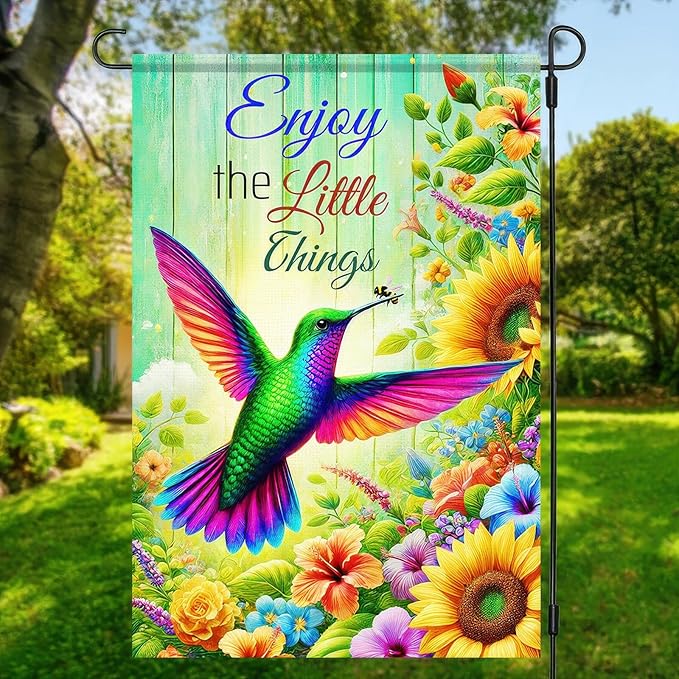 BlissYard Hello Spring Garden Flag Double Sided 12 x 18 Enjoy The Little Thing Hummingbird Garden Flag Flower Garden Flags Hummingbird Yard Outside Home Decoration Seasonal Outdoor Small Decor