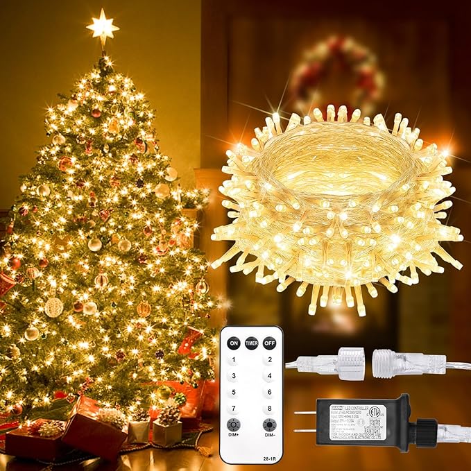 suddus 100 Led Connectable Christmas String Lights Outdoor with Timer, 33ft Fairy Lights Plug in Waterproof Indoor, Twinkle Lights with Remote for Xmas Tree, Bedroom, Dorm, Party, Garden – Warm White