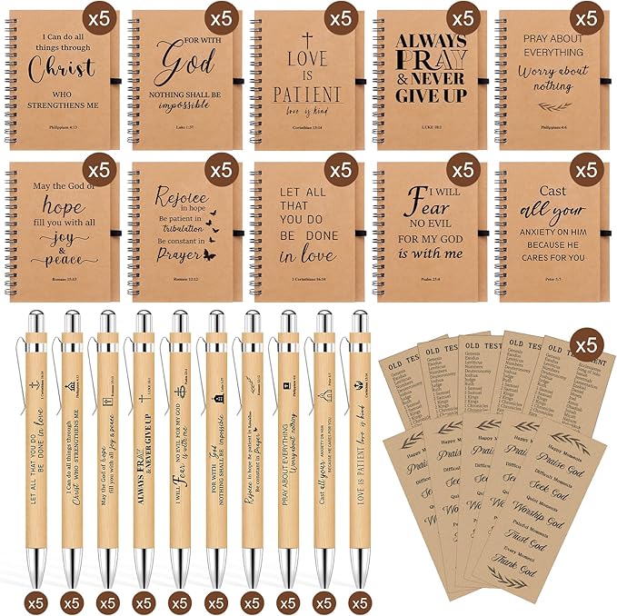 NEOACT 150 Pcs/50 Set Christian Gifts Bulk,Spiral Notebook with Bible Ballpoint Pen and Christian Bookmark,Prayer Journal Christmas Gifts for Staffs Coworkers Teachers Church Members & Pastor