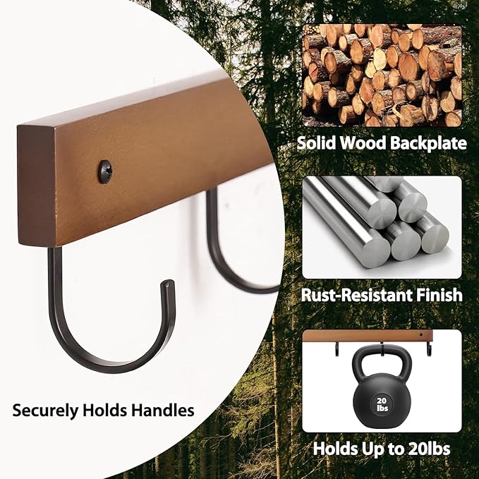Mug Hook for Wall, 180° Swivel Hooks for Cups, Wooden Wall Mounted Rotatable Hooks for Hanging Mugs, Hats, Keys, Kitchen Utensils, Robe, Towel, Strong Metal Hook with Wood Base (2, Brown)