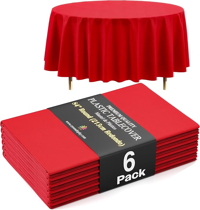 Exquisite 66% Thicker Premium Red Round Tablecloth 0.5 Mil 6 Pack Plastic Table Cloth Disposable 84 Inch Round Plastic Tablecloth Won't Tear Easily Like Cheap Thin Brands