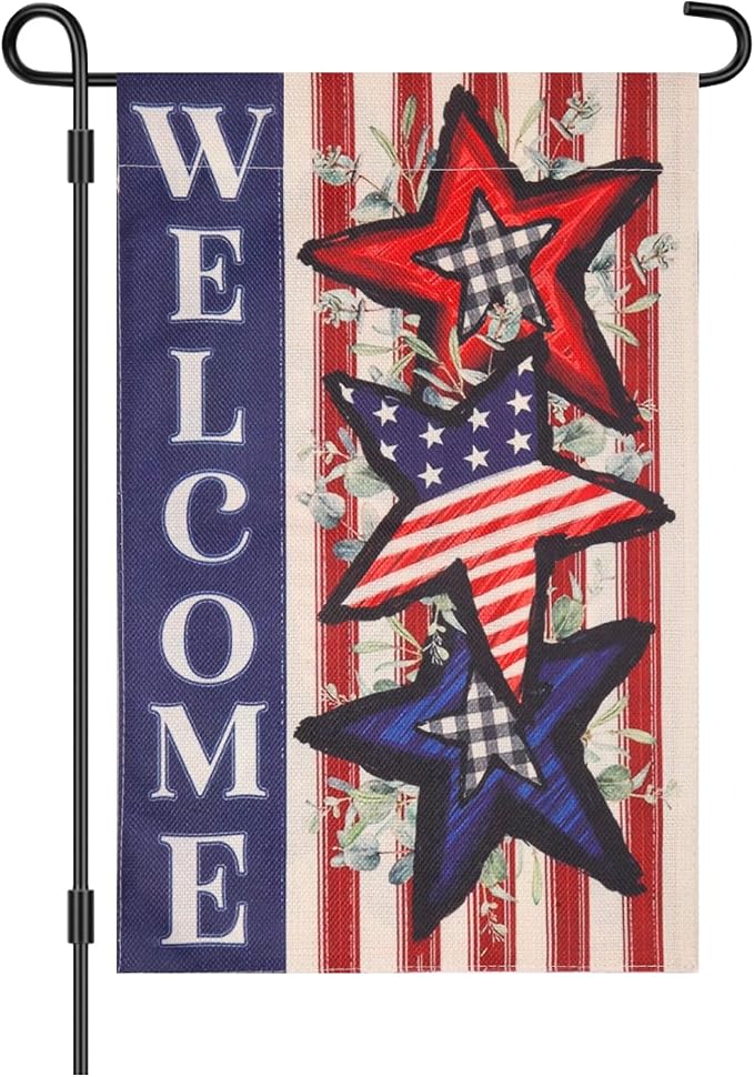 Kevinste 12x18 Double Sided Garden Flags Welcome Winter Outdoor Flags - American Stars & Stripes Burlap Yard Banner for Porch, Lawn, and Garden (Red)