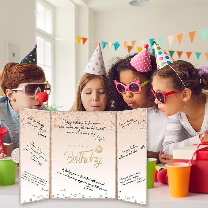 Crenics Champagne Gold Birthday Decorations for Women, Creative Birthday Guest Sign in Book Alternative, Happy Birthday Signature Book 18" x 12", Awesome Birthday Gifts for Girls