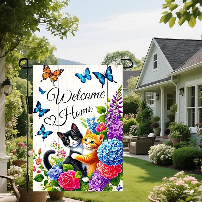 IVN Spring Garden Flag 12x18 Inch Double Sided Cat Flower Butterfly Welcome Home Outdoor Yard Flag for Outside Front Door Lawn Porch Patio Welcome Decor