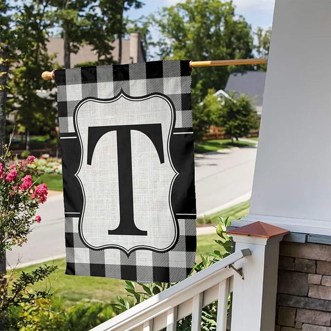 YANGHOME Monogram Initial T Burlap Garden Porch Lawn Flag Farmhouse Decorations Mailbox Decor Welcome Sign 12x18 Inch Small Mini Size Double Sided Flax Nylon Linen Fabric