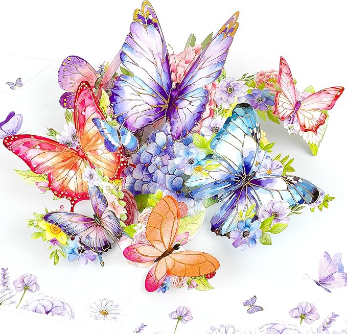 DERAYEE 3D Butterfly Flowers Greeting Card with Envelope for Women, Mother's Day, Birthday, Valentine's Day (Purple)
