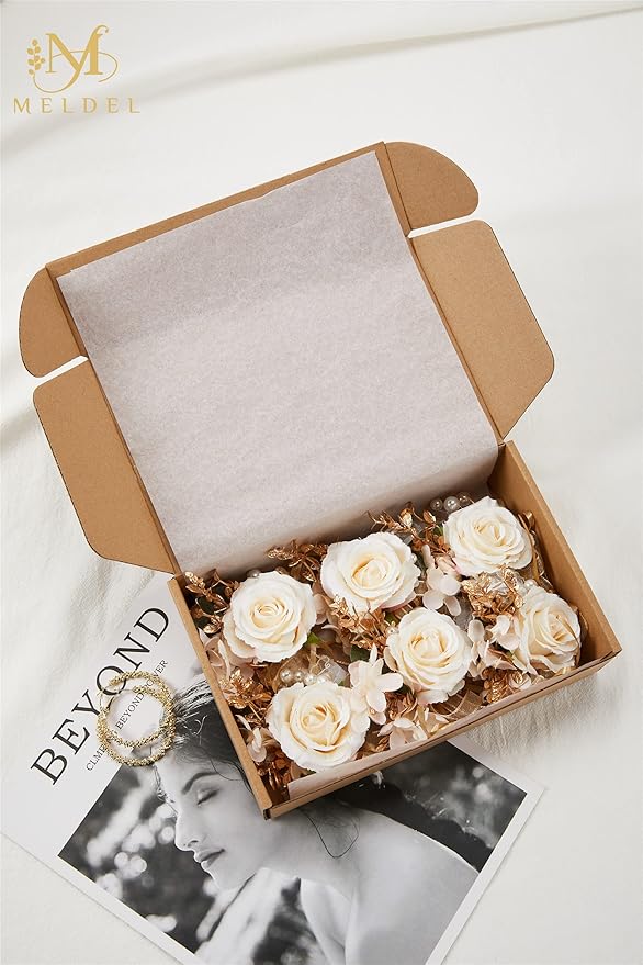 Meldel Rose Wrist Corsage for Girls Women Bride Bridesmaid, Set of 6, Champagne Hand Flower Wedding Artificial Flowers Accessories for Prom Party