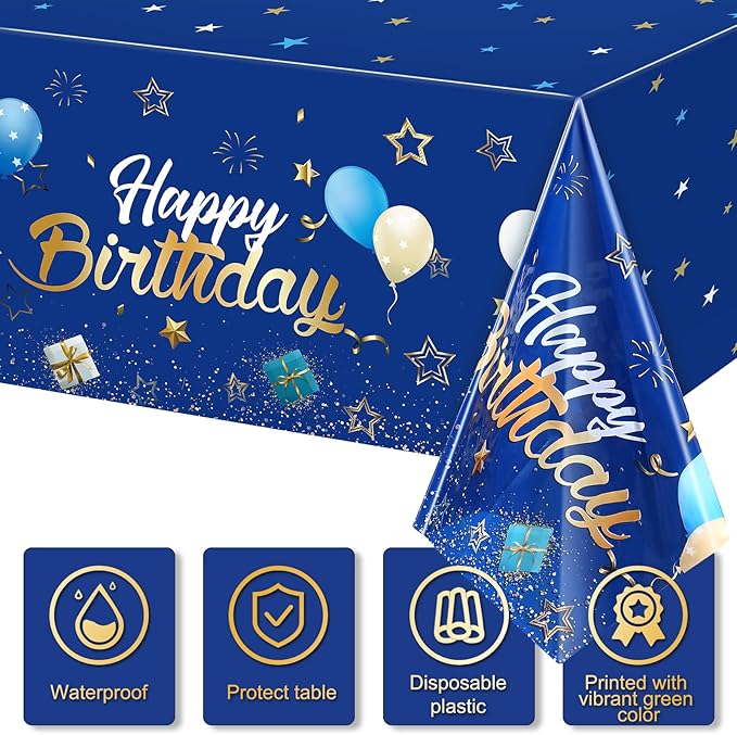 Tegeme Navy Blue Party Supplies Stars Happy Birthday Tablecloths Starry Confetti Table Covers for Kids Boys Girls Baby Shower Birthday Party Decorations(Navy Blue and Gold,4 Pack)