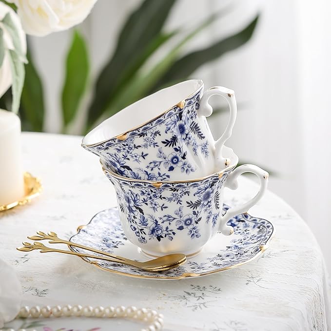 TATSUMI Country Roses Bone China Tea Cup and Saucer Set, 6 Pieces, Vintage Style, For Women and Tea Parties（QH, 2 SETS）