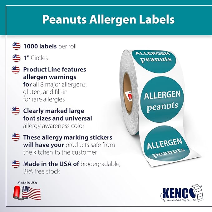 Kenco Allergen Warning Stickers - 1" Circle Label, 1,000 Allergy Warning Labels Per Roll in Universal Allergy Awareness Colorway (6 Pack, Peanuts)