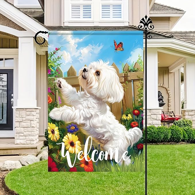 HOMETITUTE Welcome Spring Summer Flowers Maltese Dog Garden Flag Lovely Floral Seasonal Home Decor Banner 12x18 Double Sided Funny Dog Garden Flag Farmhouse Outdoor Yard Decoration Flag