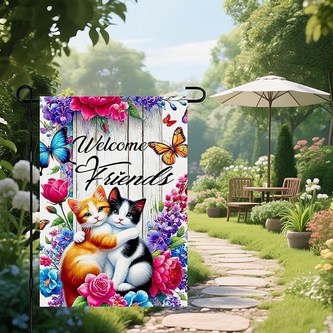 IVN Spring Garden Flag 12x18 Inch Double Sided Cat Flower Butterfly Welcome Friends Outdoor Yard Flag for Outside Front Door Lawn Porch Patio Welcome Decor
