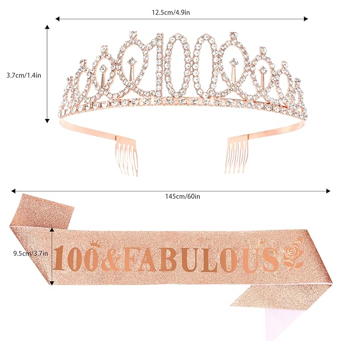 Casoty asoty Rose Gold 100th Birthday Sash and Tiara, 100th Birthday Decorations for Women, 100 & Fabulous Sash and Crown Set, Party Supplies for Women Gifts for Her