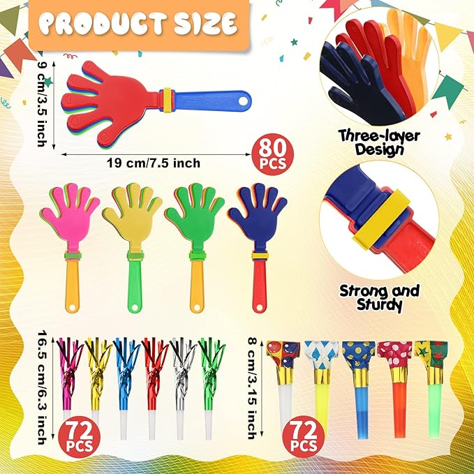 Yunsailing 224 Pcs Party Noise Makers Bulk Include Hand Clapper Noisemaker Fringed Paper Blowouts Horns for Sporting Events Kids Adults 2026 New Year Christmas Birthday Game Rewards Cheer Supplies