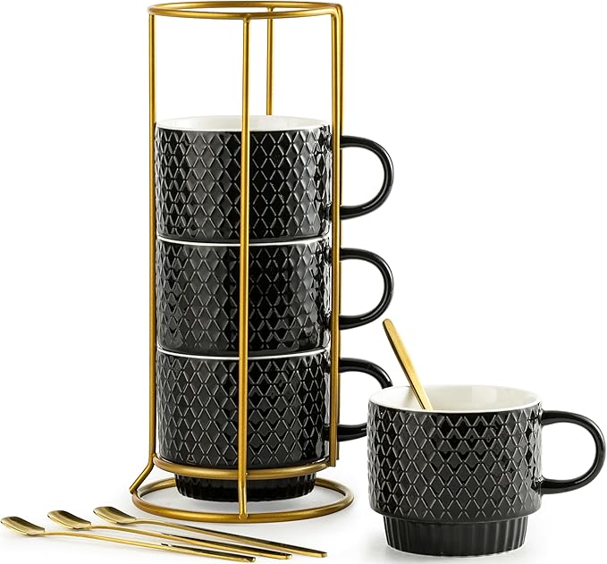 LYEOBOH Stackable Coffee Mugs Set of 4 with Rack & Spoons Coffee Mug Set 13 OZ., Ceramic Embossed Grinding Demitasse Cups Set Cappuccino Cup Halloween for Coffee, Latte, Macchiato, Espresso, Black