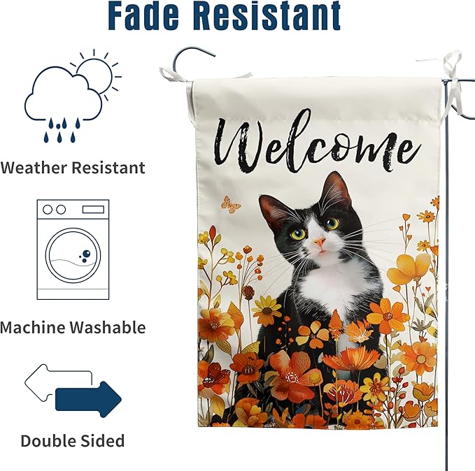 Floral Cat Garden Flag - Fall Yard Wildflower Tuxedo Cat Flag - Orange Autumn Lawn Welcome Thanksgiving Outdoor Flag for Outside - 12x18 Double Sided Small