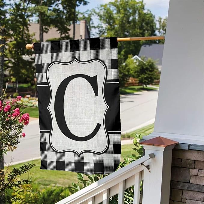 YANGHOME Monogram Initial C Burlap Garden Porch Lawn Flag Farmhouse Decorations Mailbox Decor Welcome Sign 12x18 Inch Small Mini Size Double Sided Flax Nylon Linen Fabric