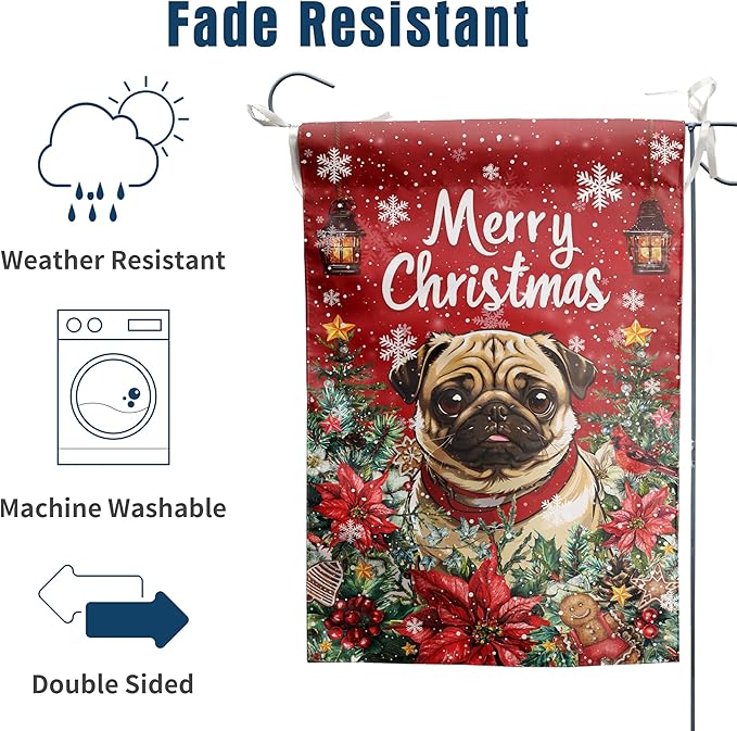 Christmas Pug Garden Flag Merry Christmas Dog Yard Flag for Outside Xmas Flags 12x18 Double Sided Red Poinsettia Garden Flags Winter Porch Decorations Outdoor