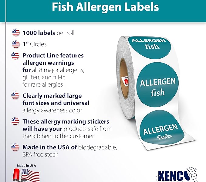 Kenco Allergen Warning Stickers - 1" Circle Label, 1,000 Allergy Warning Labels Per Roll in Universal Allergy Awareness Colorway (12 Pack, Fish)