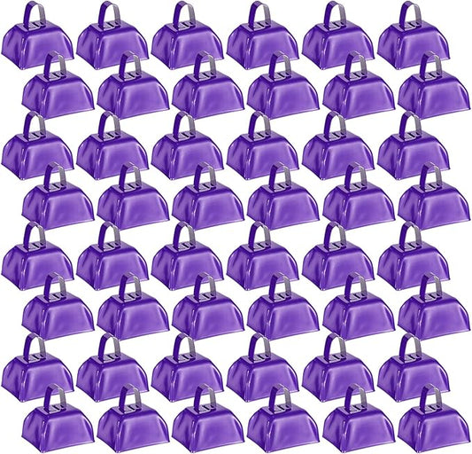 Yeshone 48 Pcs Metal Cowbells with Handles Loud Noise Makers Small Hand Percussion Cowbells for Football Events, Wedding, Graduation Team Cheering(Purple)
