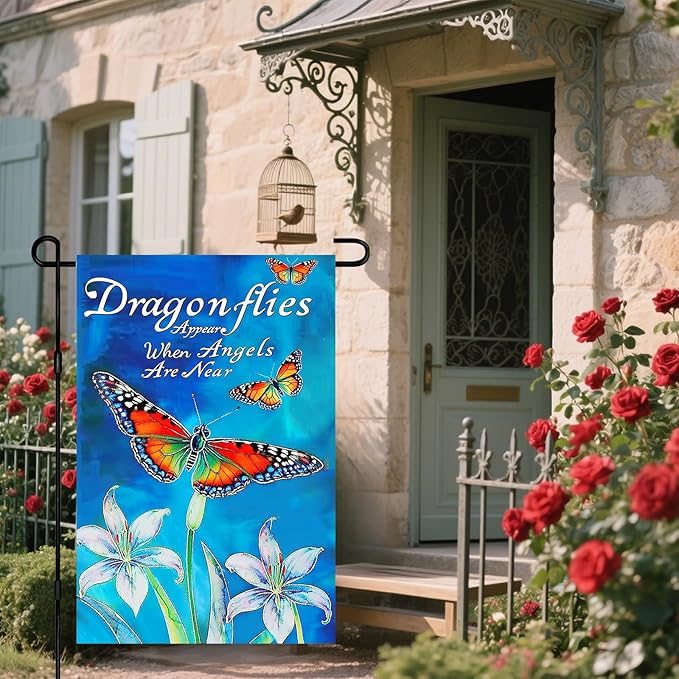IVN Dragonfly Butterfly Garden Flag 12x18 Inch Double Sided Blue Flower Outdoor Yard Flag for Home Front Door Lawn Porch Summer Decor