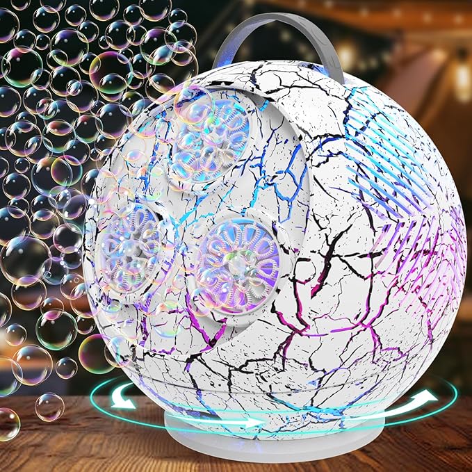 Bubble Machine for Kids Toddlers,45°/360° Rotatable Spherical Bubble Maker Toy with LED Light,Rechargeable Bubble Blower for 3 4 5 Year Old,Wedding Party Easter Birthday Gifts -Spherical White Crack