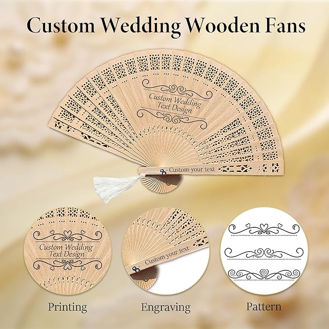 MOSADO Personalized Wedding Fans for Guests, Custom Foldable Sandalwood Fans Bulk with Organza Bags and Tassels, Unique Bridal Shower Party Favors Wedding Favors for Guests (50)