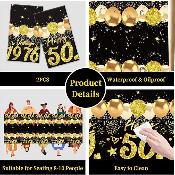 2pcs 50th Birthday Tablecloth, Black Gold 50th Birthday Decorations for Men Women Vintage 1976 Table Cloth Plastic Rectangular 50th Table Cover Happy 50 th Anniversary Party Supplies