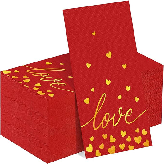 Kochorie 100 Pieces Valentine's Day Paper Napkins Gold Foil Love Hearts Disposable Napkins 7.8 x 4.3 Inch Red Decorative Guest Party Napkin Hand Towels for Valentine Wedding Birthday Party Supplies