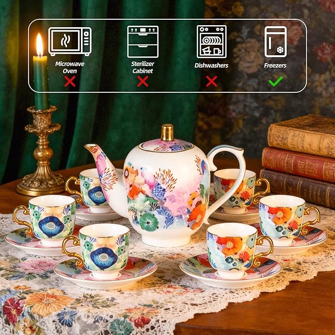 KAMMAK Tea Set for Adults Ceramic Tea Pots and Tea Cup Set, Colorful Tea Cups and Saucers Set for Afternoon Tea, Party, Home, Office, Mordern Porcelain Tea Set with Gold Rim（Coral Secret Realm）