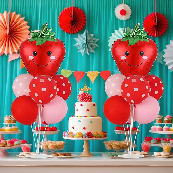 Strawberry Party Balloons Stand Kit 2 Sets with 2 Strawberries Foil Balloons Sweet Strawberry 1st Party Balloon Centerpieces for Tables for Girls Strawberries Birthday Themed Decorations