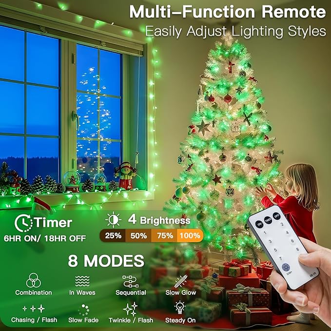 suddus Connectable Green Chirstmas Lights Outdoor with Remote, 66ft 200 LED String Lights Plug in Waterproof, Dimmable Clear Wire Fairy Lights for Xmas Tree,Halloween,Garden,Porch,Party,Dorm Decor