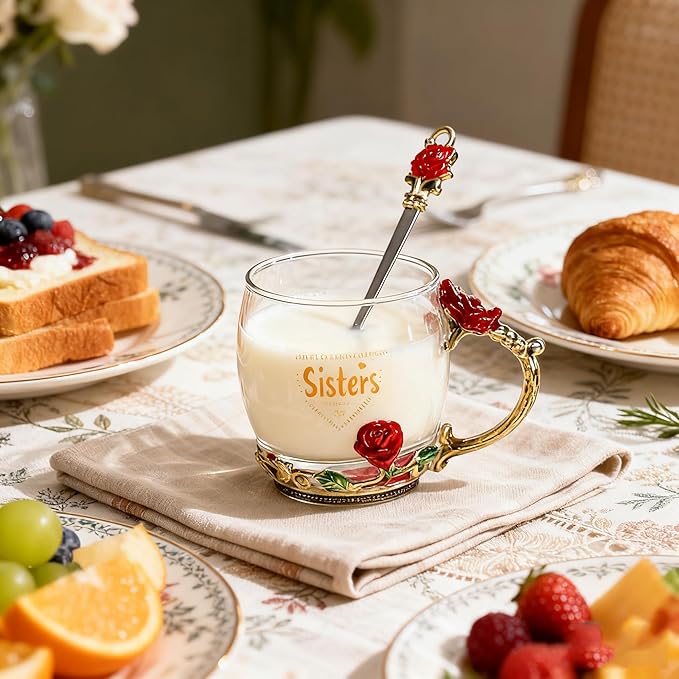 Flower Glass Cup with Printing Design Sisters Gifts Elegant Tea Coffee Cup Unique Christmas Gift Christmas Stocking Stuffers for Women (Sisters)