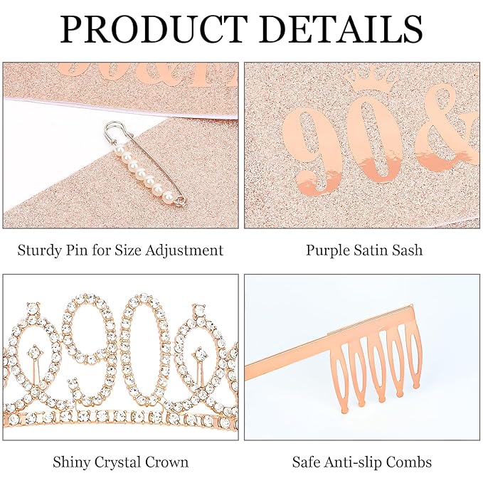 Casoty Rose Gold 90th Birthday Sash and Tiara, 90th Birthday Decorations for Women, 90 & Fabulous Sash and Crown Set, Party Supplies Favors for Women, Gifts for Her