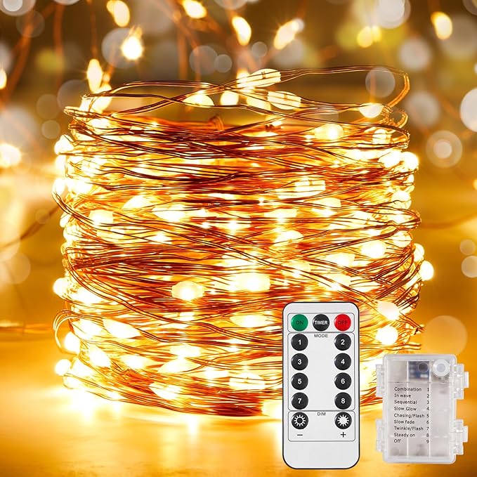 Ariceleo 1 Pack 32.8 Ft. Battery Operated Outdoor String Lights with Remote & Timer, LED Warm White Fairy Lights, Waterproof Twinkle Lights for Bedroom, Dorm, Mason Jar, Wedding, Party, Christmas