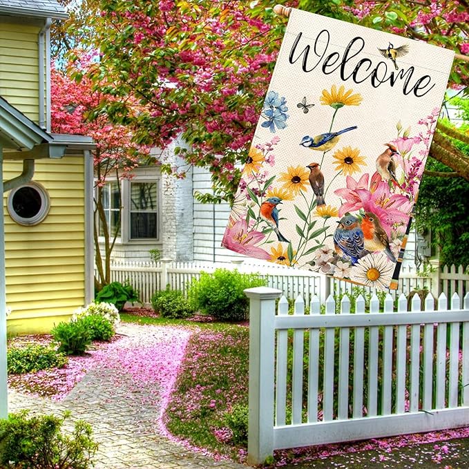 Baccessor Spring House Flag Floral Bird Butterfly Flowers Welcome Spring Summer Flag 28 x 40 Inch Double Sided Burlap Large Spring Outside Decor