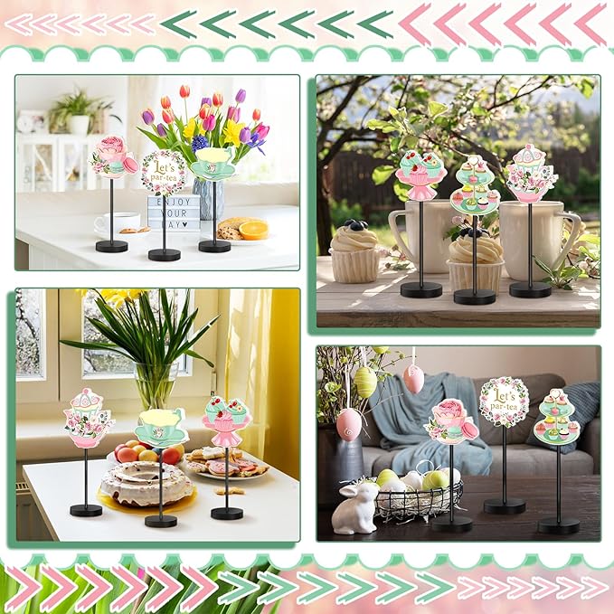 6 Pcs Tea Party Table Decor Tea Party Decoration for Table Centerpieces Let's Par-Tea Wooden Standing Signs Tabletop Decor for Home Office Room Desk Party Supplies