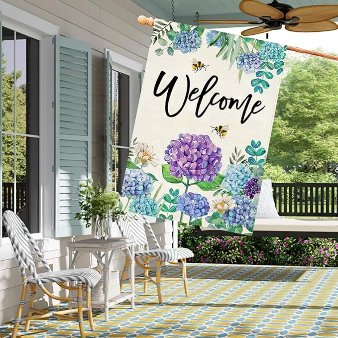 Baccessor Summer Spring Hydrangea House Flag Double Sided 28x40 Inch, Purple Blue Flower Floral Welcome Garden Flag Burlap Vertical Seasonal Farmhouse Yard Outdoor Decoration (Large)