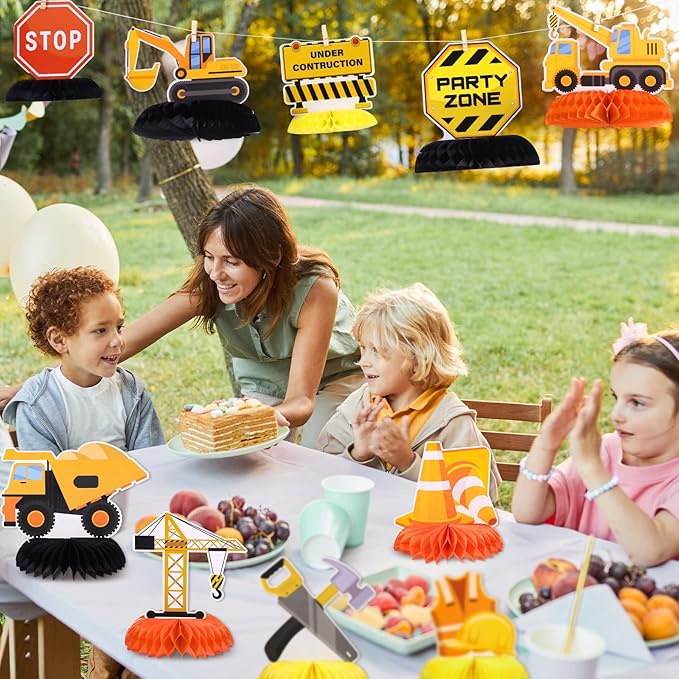 12 Pieces Construction Birthday Party Supplies Construction Table Centerpieces Construction Honeycomb Centerpieces Truck Table Toppers for Construction Theme Birthday Party Decorations