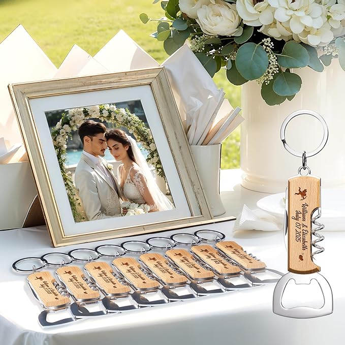 10PCS Personalized Wooden Multifunctional Bottle Opener, Customized Favors Gifts for Wedding Birthday Party, Engraved Bottle Opener Keychains for Guest